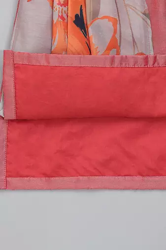 Coral pink printed cotton silk drape dupatta Men Kurta Set