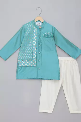 Blue cotton silk attached half jacket Men Kurta Set