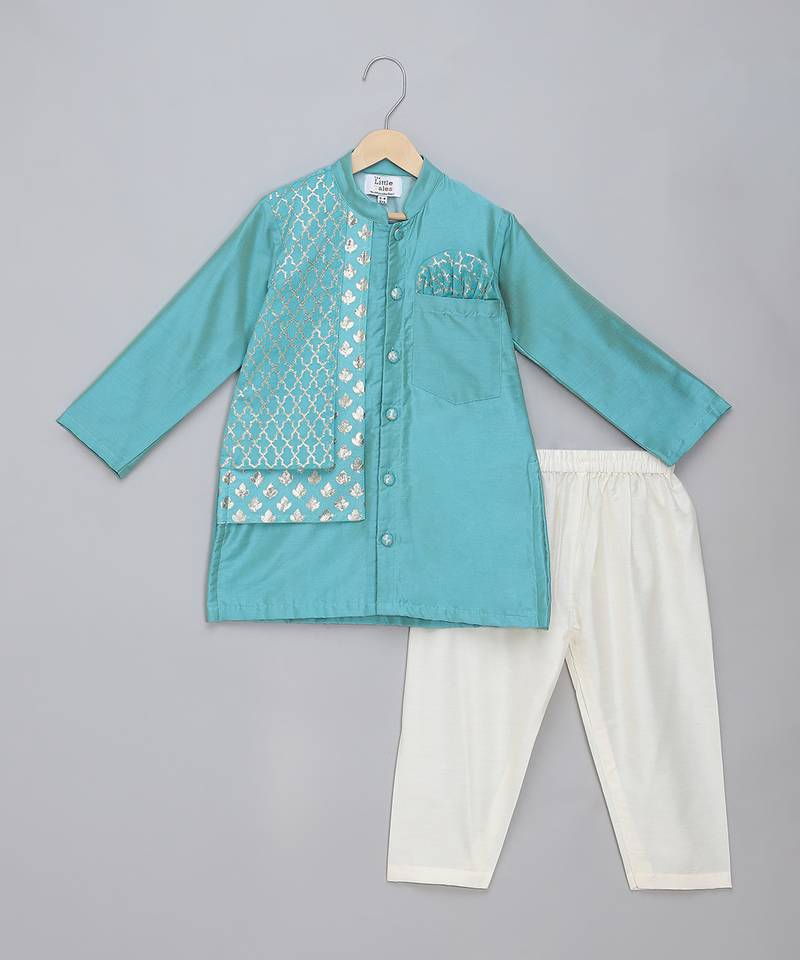 Blue cotton silk attached half jacket Men Kurta Set