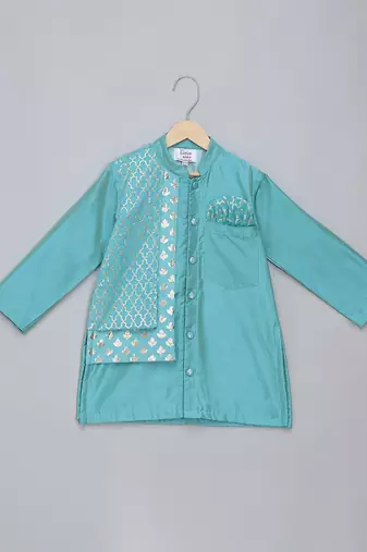 Blue cotton silk attached half jacket Men Kurta Set