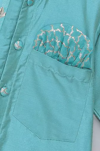 Blue cotton silk attached half jacket Men Kurta Set