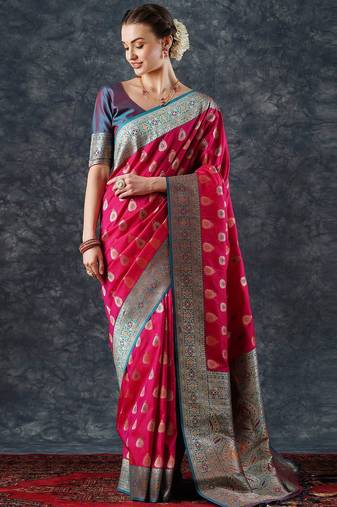 pink woven design zari silk blend banarasi saree