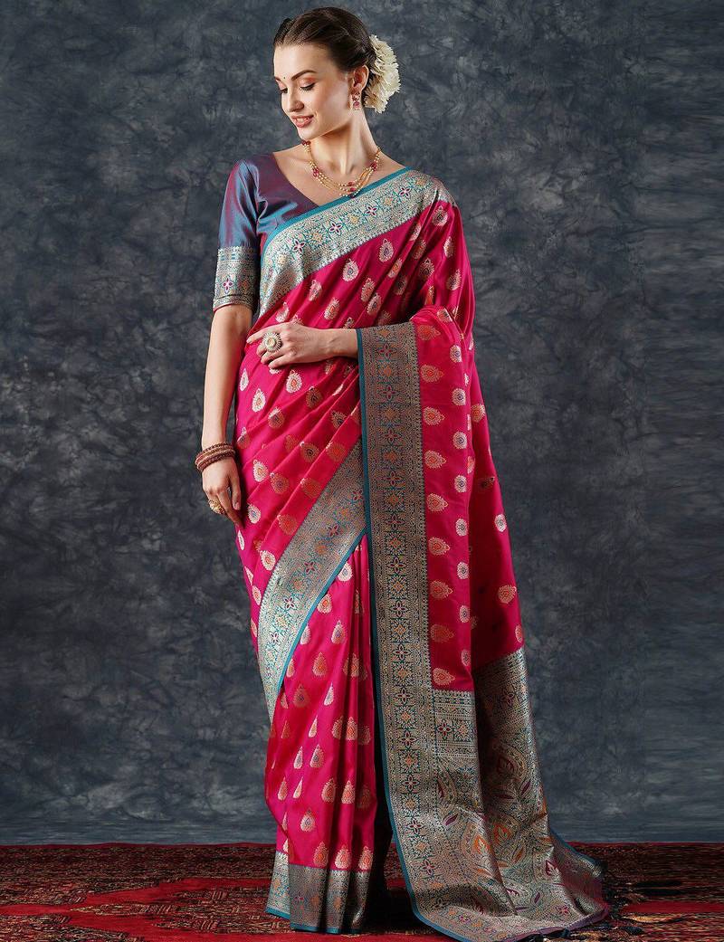 pink woven design zari silk blend banarasi saree