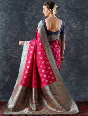 pink woven design zari silk blend banarasi saree 2