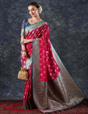 pink woven design zari silk blend banarasi saree 3