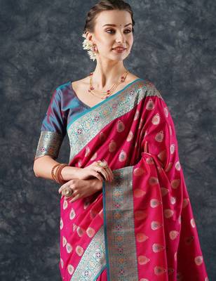 pink woven design zari silk blend banarasi saree 4