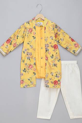Mustard yellow floral printed cotton silk Men Kurta Set