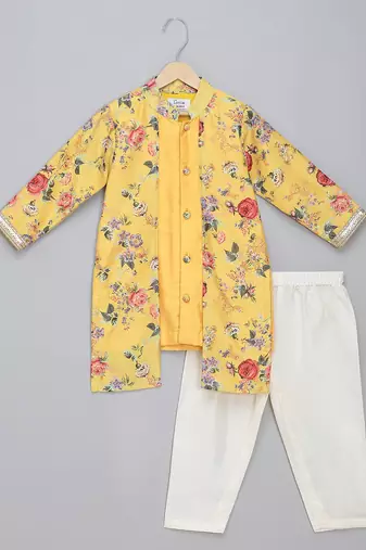 Mustard yellow floral printed cotton silk Men Kurta Set