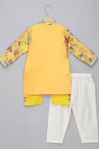 Mustard yellow floral printed cotton silk Men Kurta Set