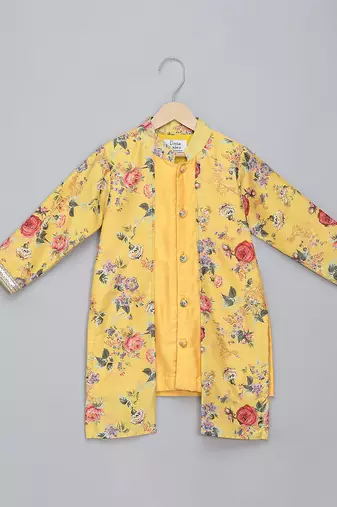 Mustard yellow floral printed cotton silk Men Kurta Set