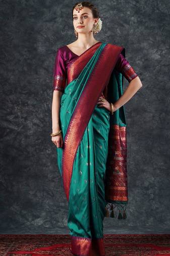 teal woven design zari silk blend banarasi saree