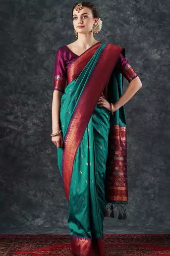 teal woven design zari silk blend banarasi saree