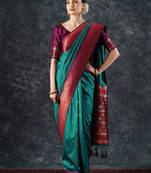 teal woven design zari silk blend banarasi saree