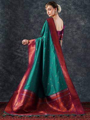 teal woven design zari silk blend banarasi saree 2