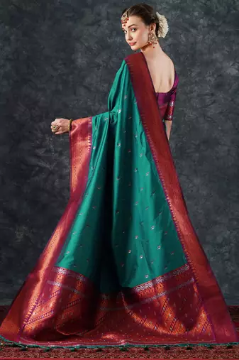 teal woven design zari silk blend banarasi saree