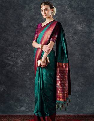 teal woven design zari silk blend banarasi saree 3