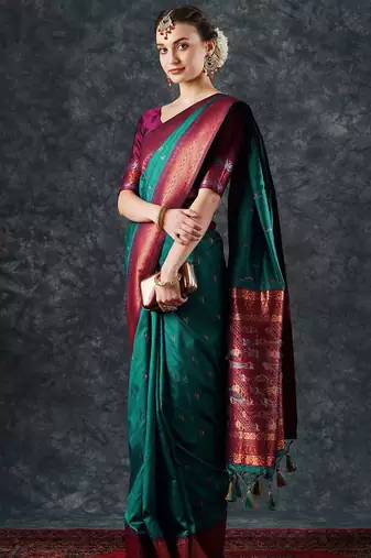teal woven design zari silk blend banarasi saree