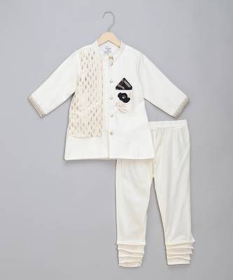 White embroidered cotton silk Men Bandhgala and Pant 1
