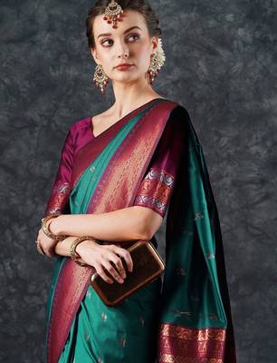 teal woven design zari silk blend banarasi saree 4