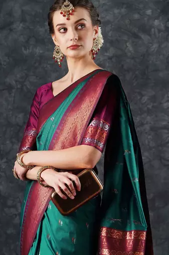 teal woven design zari silk blend banarasi saree