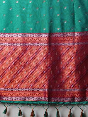teal woven design zari silk blend banarasi saree 5