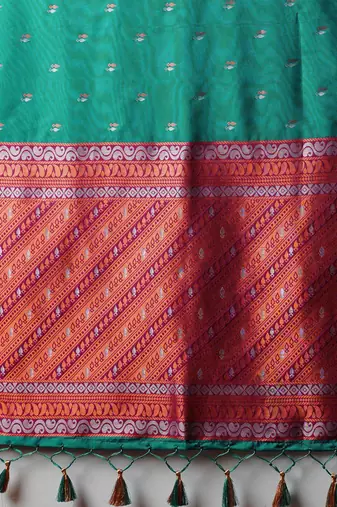 teal woven design zari silk blend banarasi saree