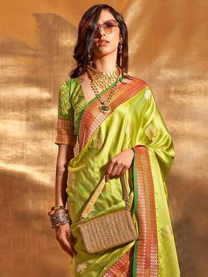 green woven design zari satin banarasi saree 1