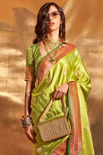 green woven design zari satin banarasi saree
