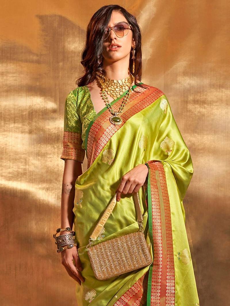 green woven design zari satin banarasi saree