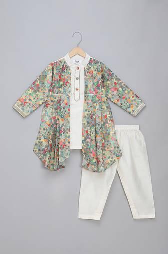 White multicolor printed cotton silk Men Kurta Set