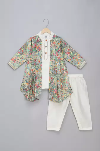 White multicolor printed cotton silk Men Kurta Set
