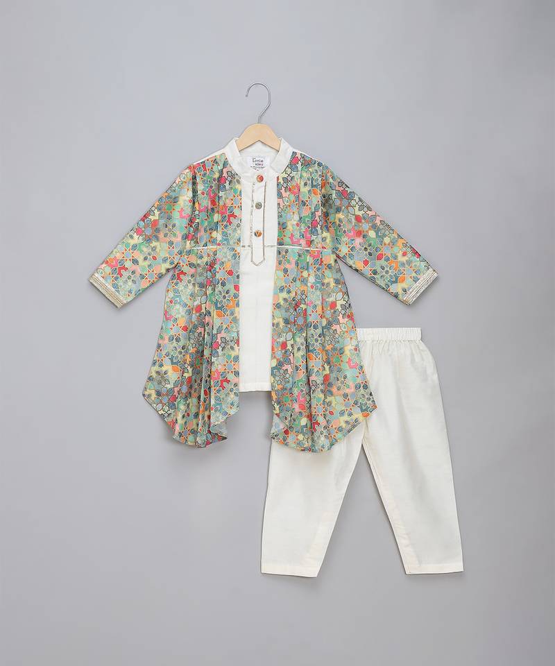 White multicolor printed cotton silk Men Kurta Set