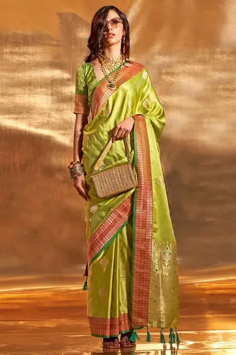 green woven design zari satin banarasi saree