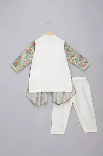White multicolor printed cotton silk Men Kurta Set