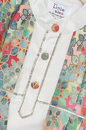 White multicolor printed cotton silk Men Kurta Set