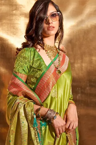 green woven design zari satin banarasi saree