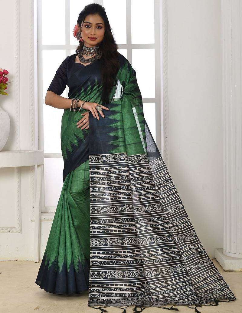 green geometric tussar saree