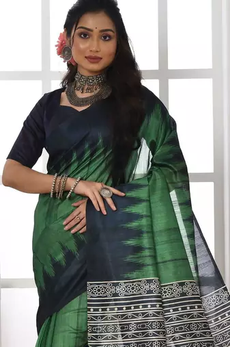 green geometric tussar saree