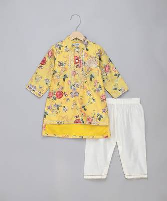 Mustard yellow printed cotton silk Men Kurta Set 1