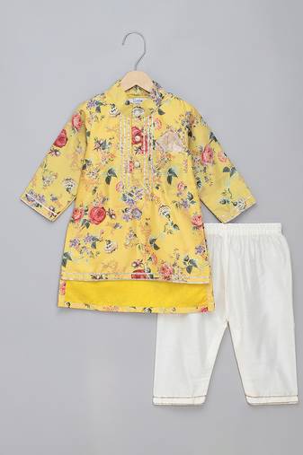 Mustard yellow printed cotton silk Men Kurta Set