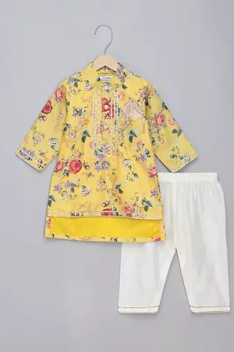 Mustard yellow printed cotton silk Men Kurta Set