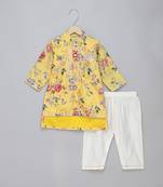 Mustard yellow printed cotton silk Men Kurta Set