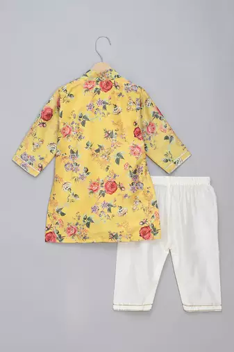 Mustard yellow printed cotton silk Men Kurta Set