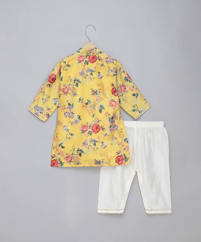 Mustard yellow printed cotton silk Men Kurta Set