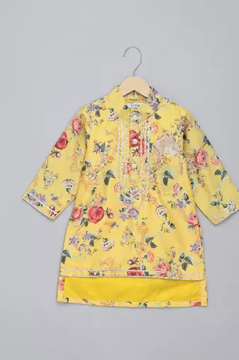 Mustard yellow printed cotton silk Men Kurta Set