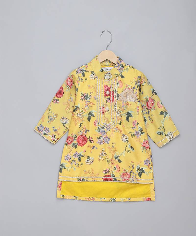 Mustard yellow printed cotton silk Men Kurta Set