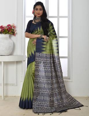 green ethnic motifs woven design tussar saree 1