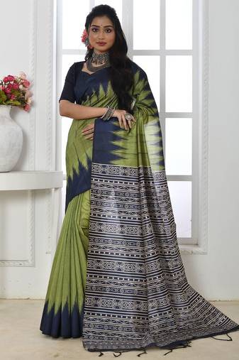 green ethnic motifs woven design tussar saree