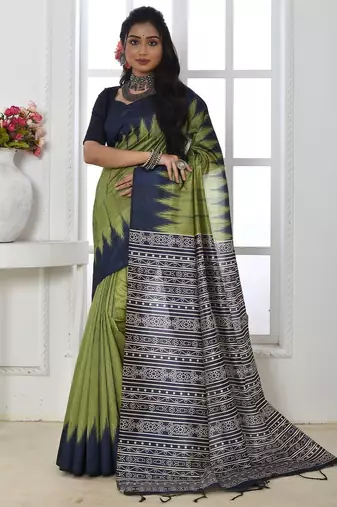 green ethnic motifs woven design tussar saree
