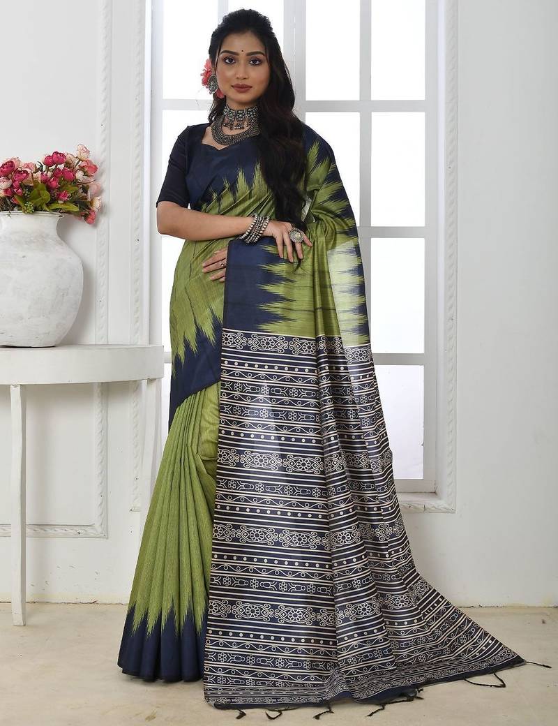 green ethnic motifs woven design tussar saree